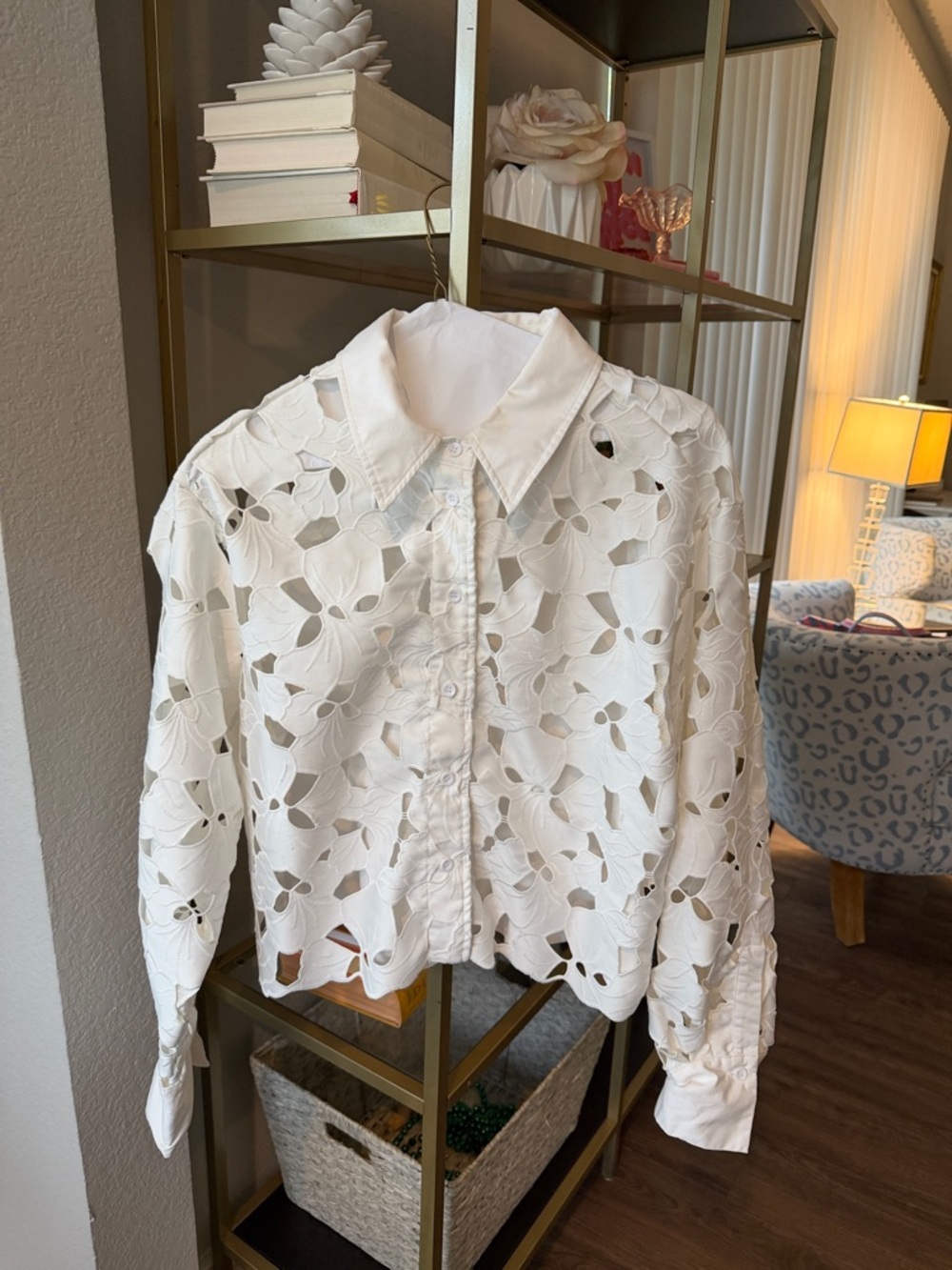 White Cutout Floral Button-Down Shirt  - Women